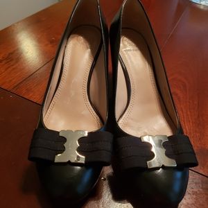 Tory Burch Black Wedges with black bow with silver